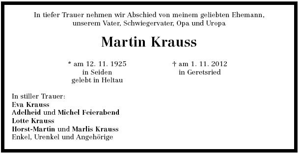 Krauss Martin 1920-2012 Todesanzeige